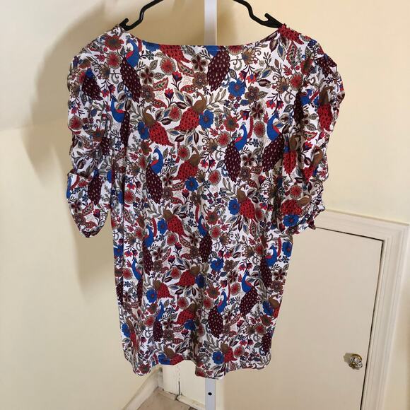 Loft NWT Women's Red Floral V-Neck Ruched Sleeve Blouse Size L - Picture 7 of 10